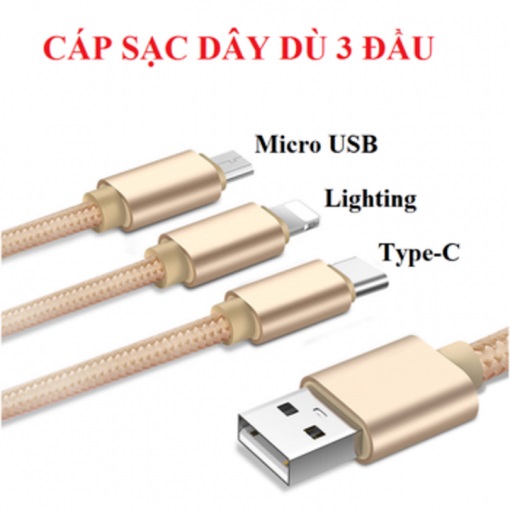 Cáp sạc 3 đầu dây dù có thiết kế chắc chắn