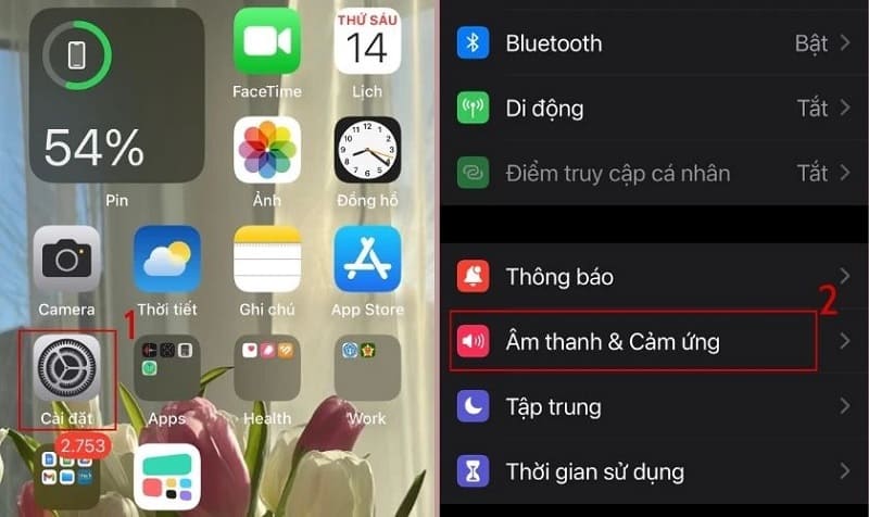  Kéo xuống và chọn mục " Âm thanh & Cảm ứng" trong “Cài đặt”